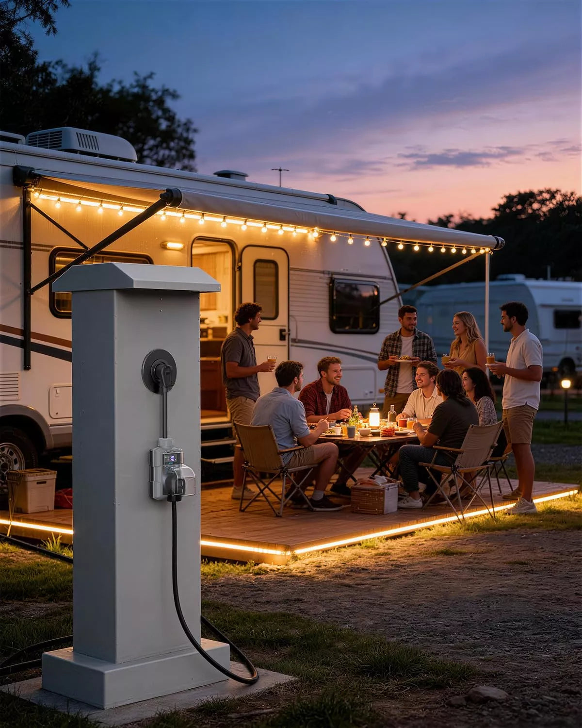 Group of people gathered around a table outside an RV at dusk, with a charging station in the foreground.