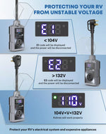 Electrical system monitor for RVs displaying voltage levels and warning codes.