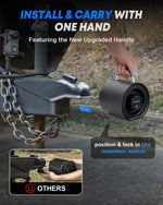 Holding a black keyless trailer coupler lock about installation and carrying capabilities.