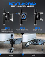 Step-by-step guide on how to use a rotate and fold mechanism for a trailer jack wheel.