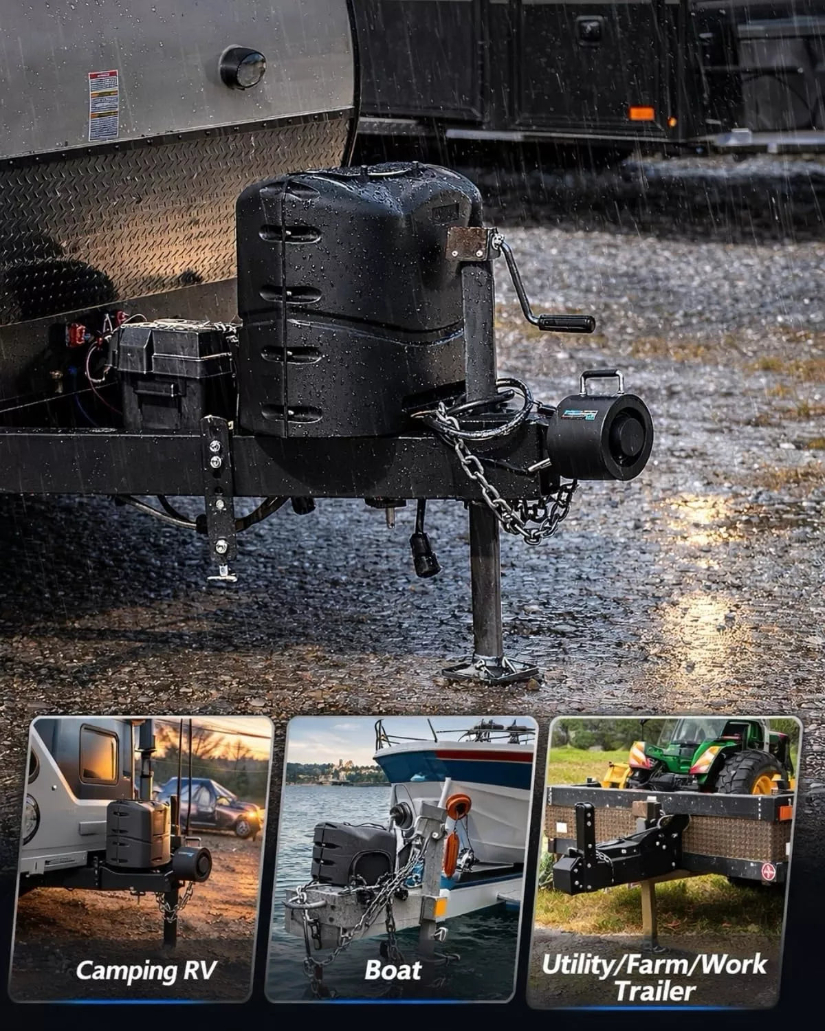 Black hitch receiver with chain on a trailer