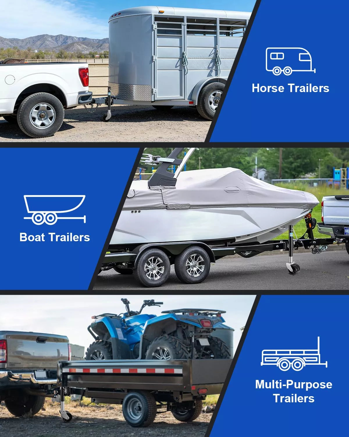 Applications of trailer wheel jacks for horse, boat, and multi-purpose trailers