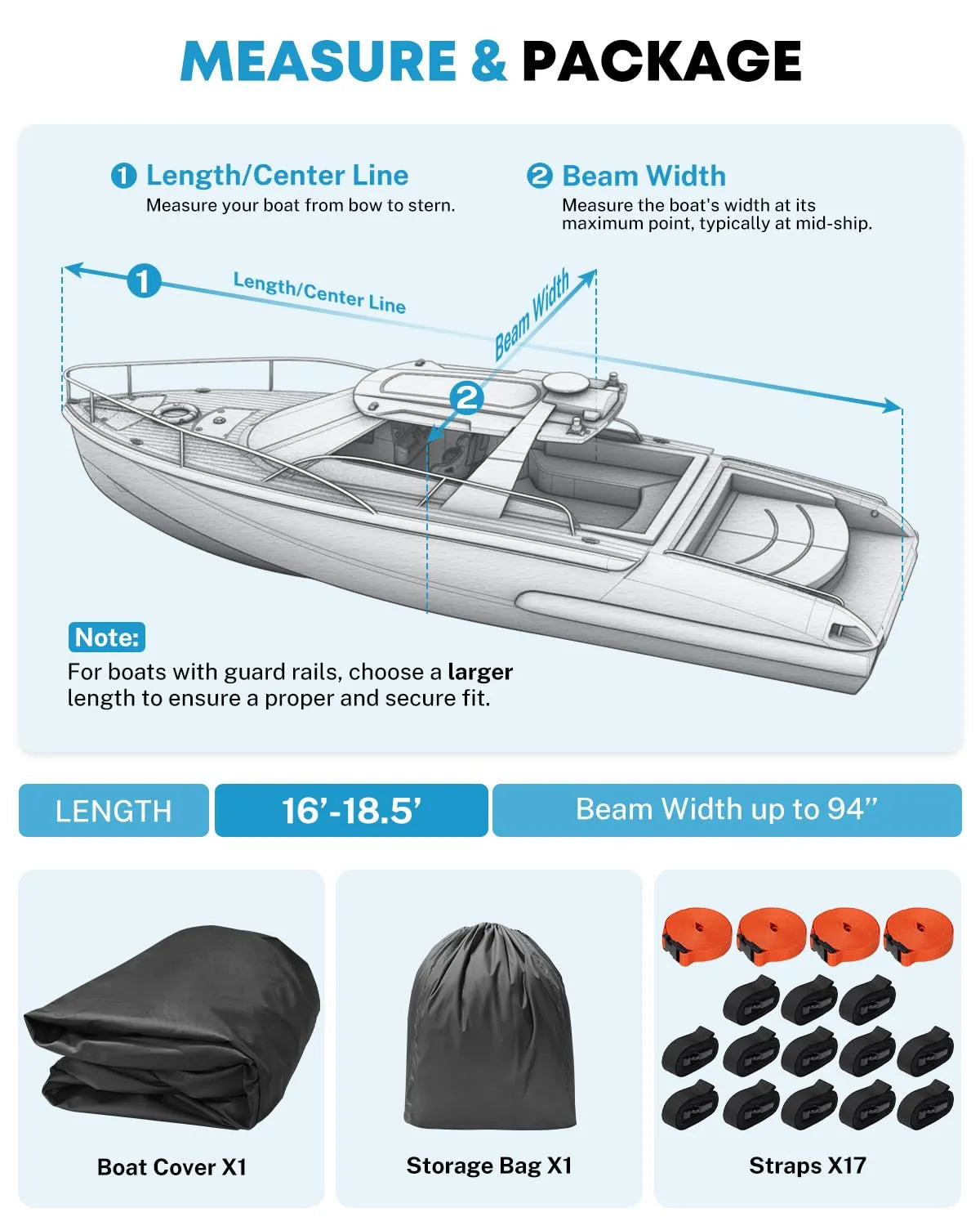 Kohree boat cover options fit beams up to 94, 96, 100, or 102 inches. 