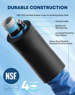 Flexible heated RV water hose with protective outer jacket for winter camping and outdoor use.