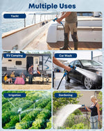 Collage of a person using a hose for various activities including yacht cleaning, RV camping, car washing, irrigation, and gardening.