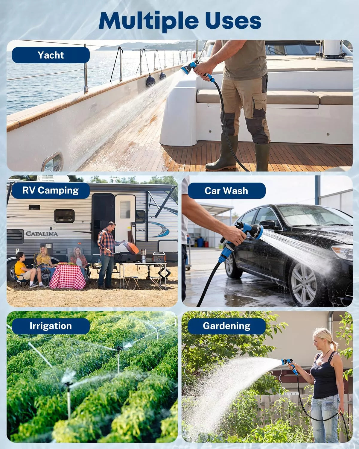 Collage of a person using a hose for various activities including yacht cleaning, RV camping, car washing, irrigation, and gardening.