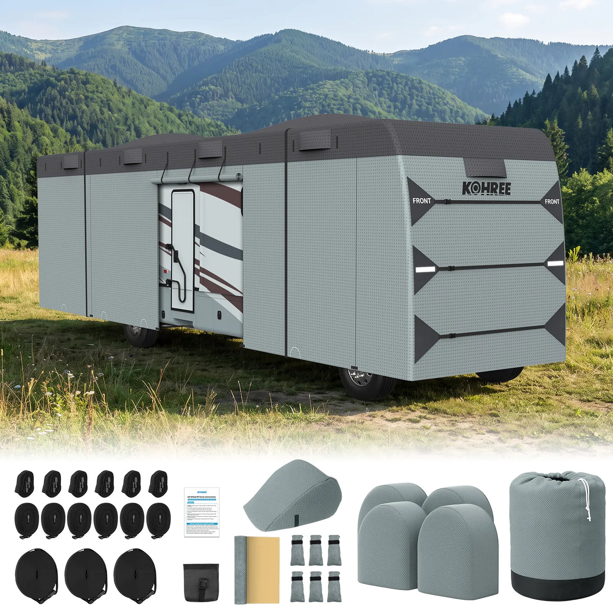 Waterproof 7-layer Class A RV cover helps protect a stored motorhome from rain