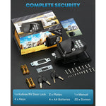 RV door lock security kit shown with the product box, black electronic lock, mounting hardware, keys, batteries, and screws 