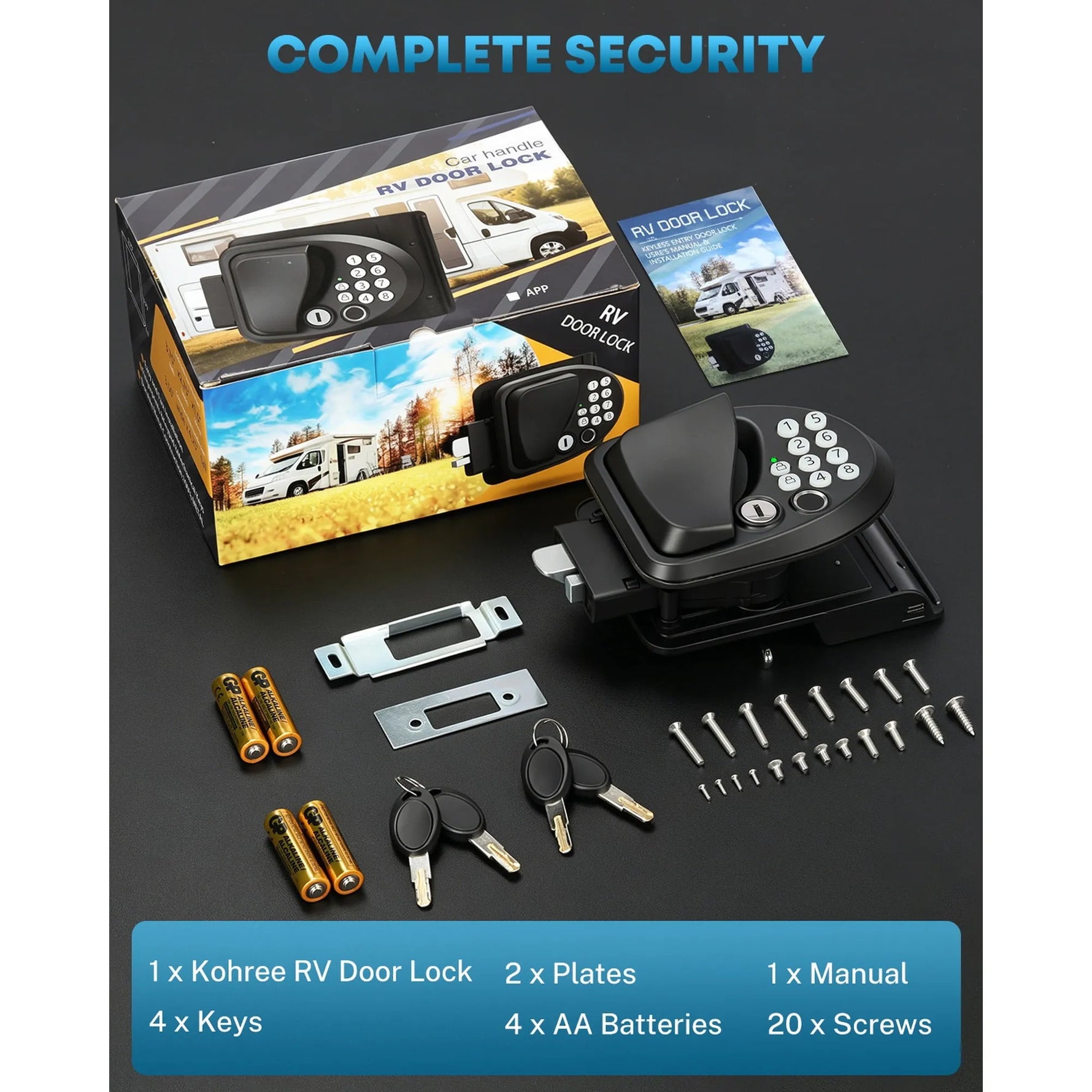 RV door lock security kit shown with the product box, black electronic lock, mounting hardware, keys, batteries, and screws 