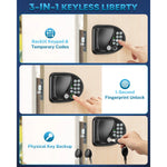 A 3-in-1 keyless entry lock combination lock on a light wood door 
