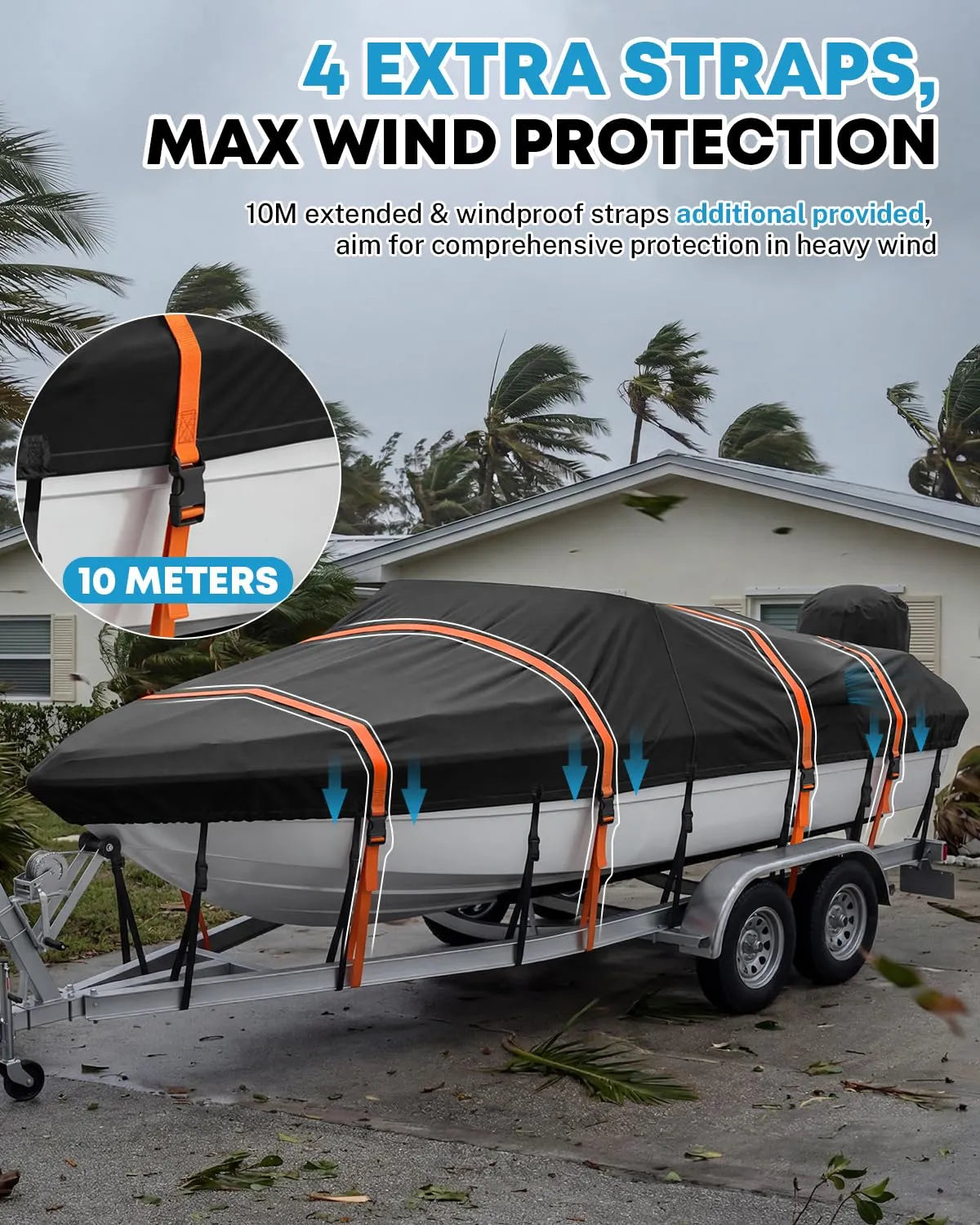 Waterproof and UV-resistant 4-layer boat cover helps protect boats from rain, snow, sun exposure, and outdoor debris.