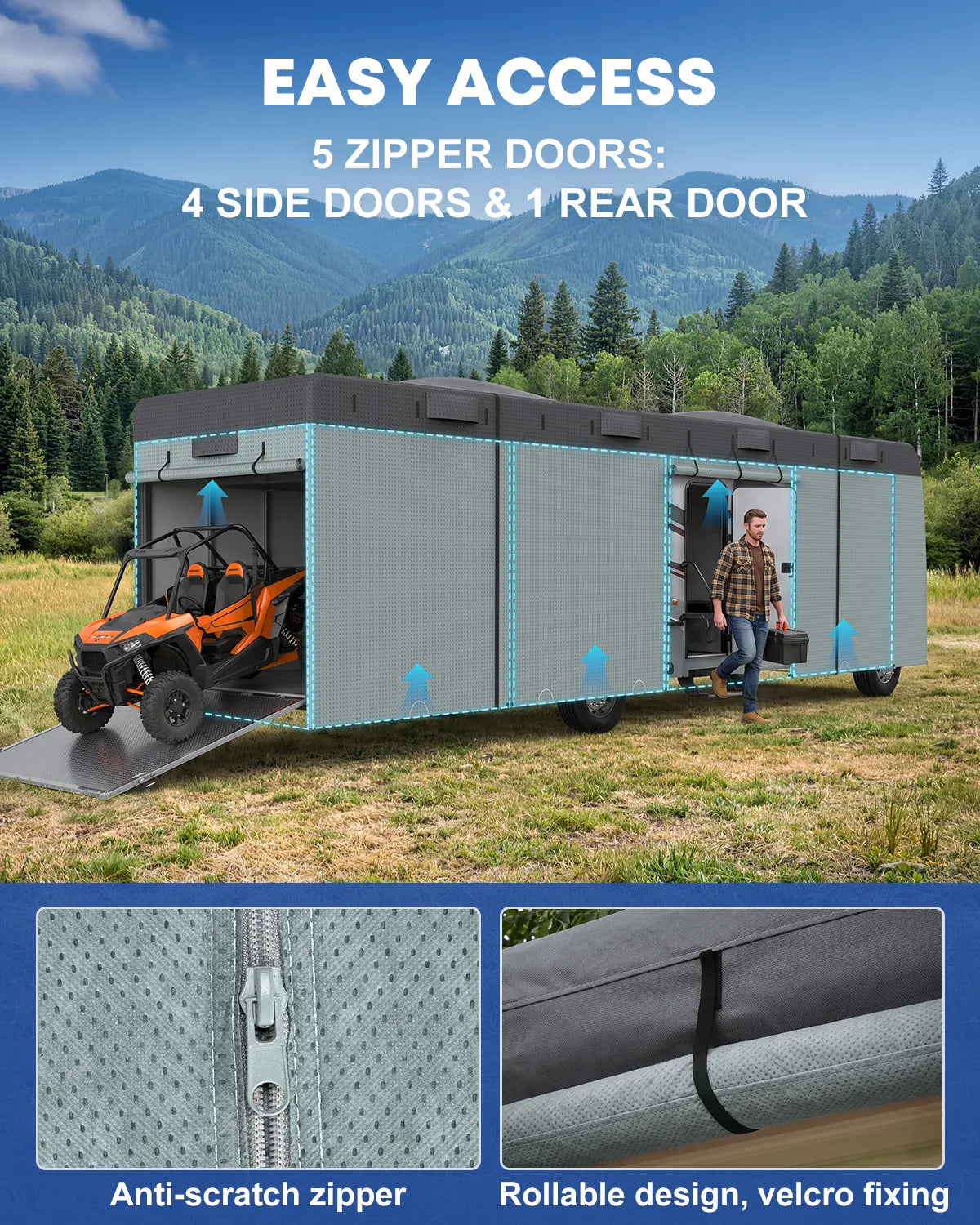 Class A RV cover helps shield a stored motorhome from rain and snow