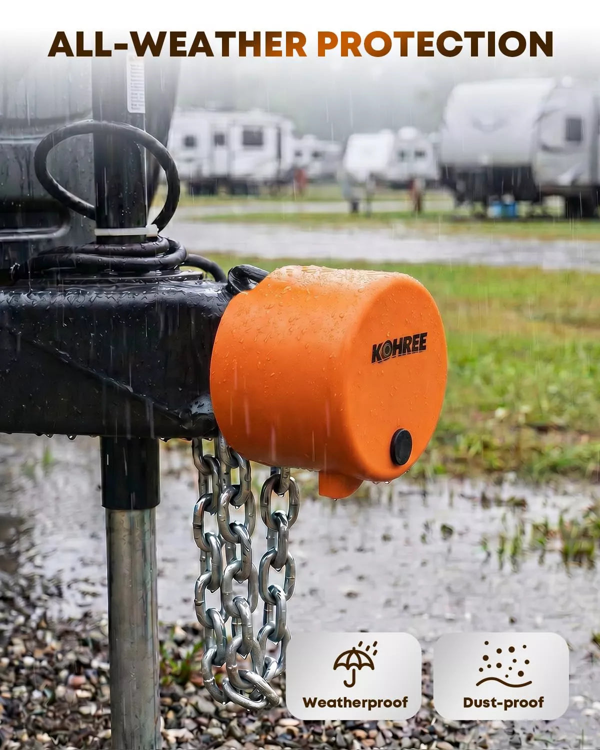 Orange weatherproof tongue lock with chain attachment on a rainy day with RVs 