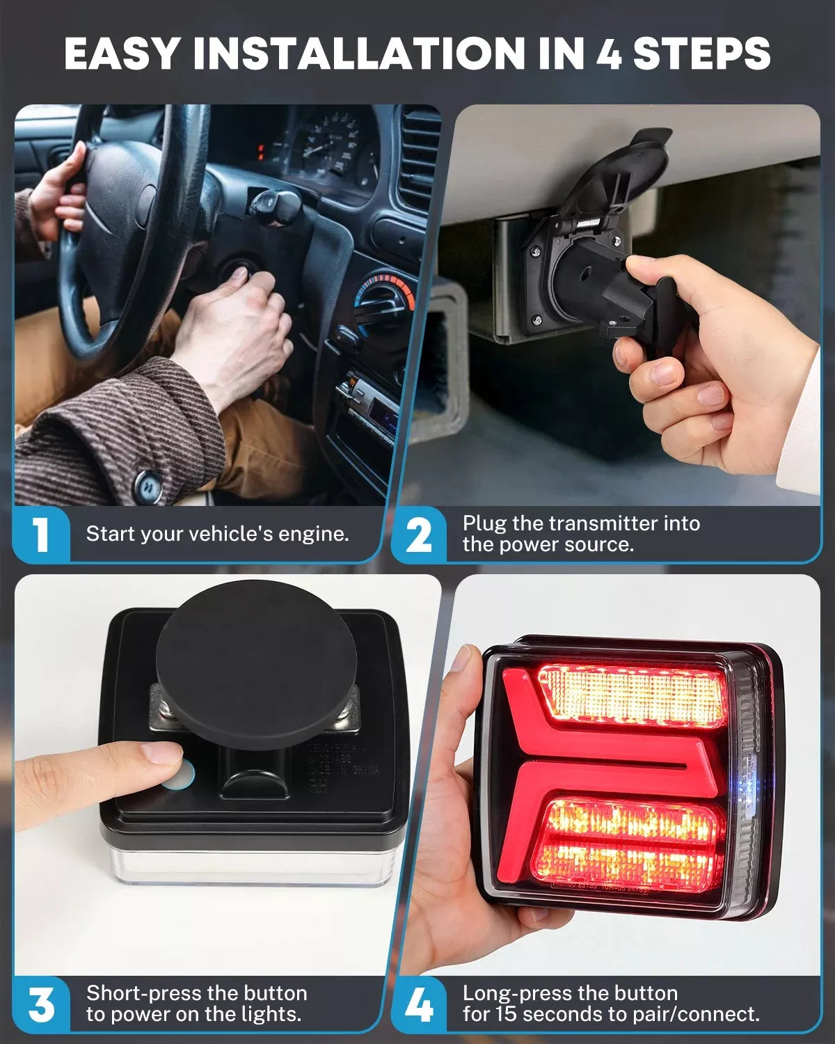 Step-by-step guide on installing wireless tail lights for trailer with images and text.