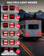 RV with illuminated lights on a road at night, showing multiple light modes.