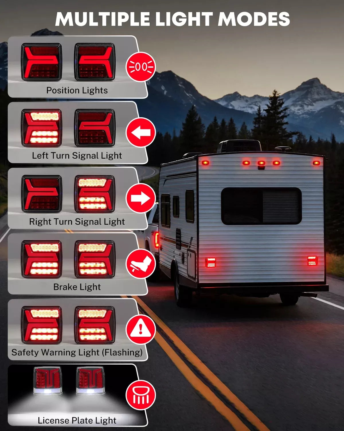 RV with illuminated lights on a road at night, showing multiple light modes.