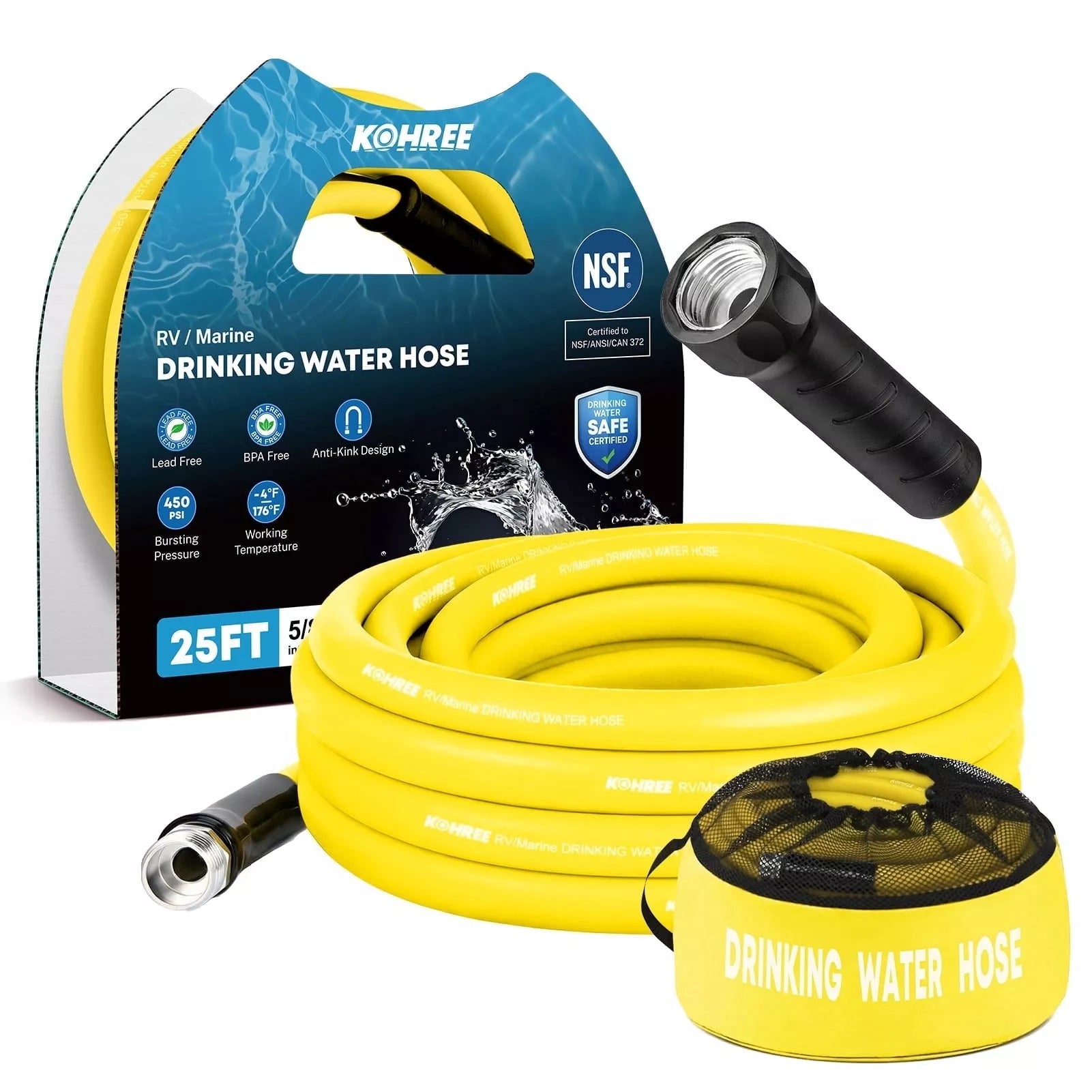 Yellow drinking water hose with packaging and nozzle 